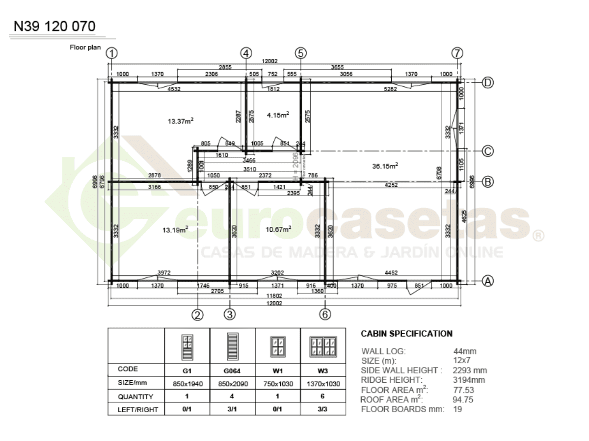 Casa de madera residencial Elara 77 m², 44 mm