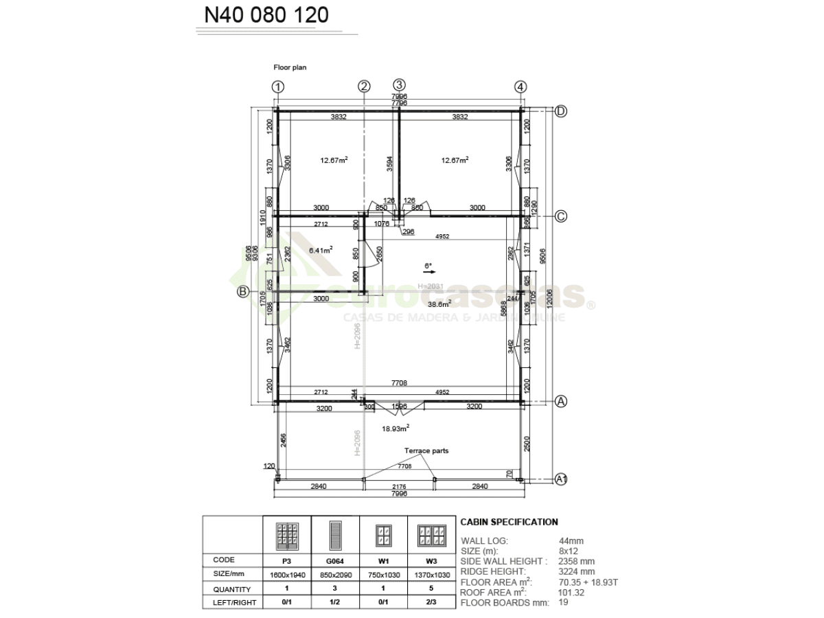 Casa de madera residencial Alira 70 m², 44 mm