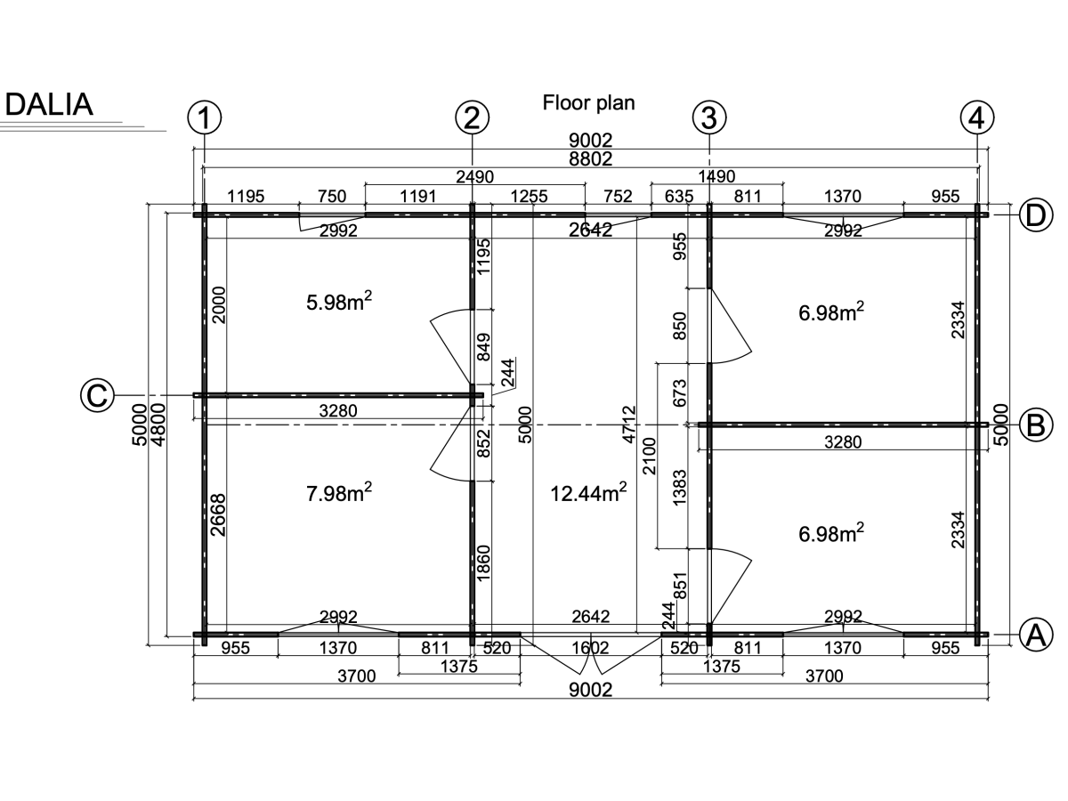 Casa de madera de doble pared  DALIA , 45 m2  - 44-50-44 mm
