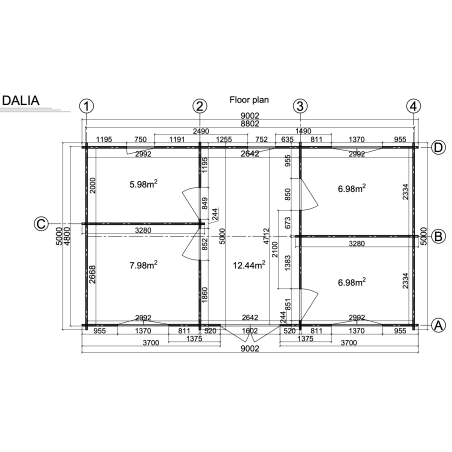 Casa de madera de doble pared DALIA , 45 m2 - 44-50-44 mm