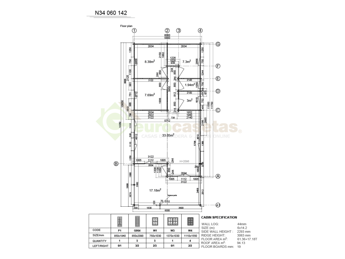 Casa de madera residencial Eira 61 m², 44 mm