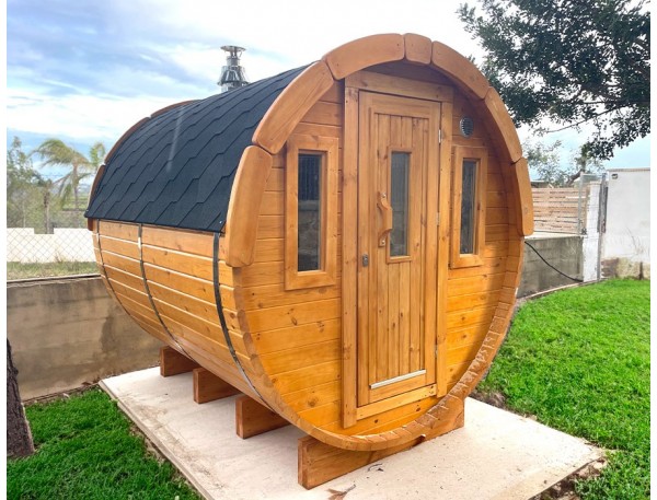 SAUNA BARRIL 2.4m Ø 2.27m SIN TERRAZA con TEGOLA AMERICANA montada en VALENCIA
